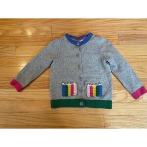 Mini Boden Wool Blend Grey Cardigan with rainbow striped crochet pockets 4-5Y